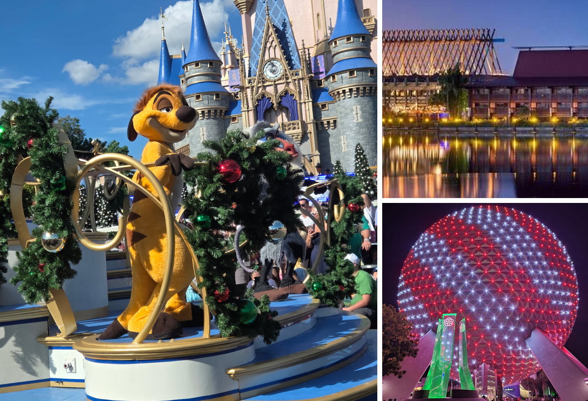 Walt Disney World news collage featuring Timon and Pumbaa in Mickey's Christmas parade at Cinderella Castle, Disney's Polynesian Village Resort, and EPCOT's Spaceship Earth illuminated at night.