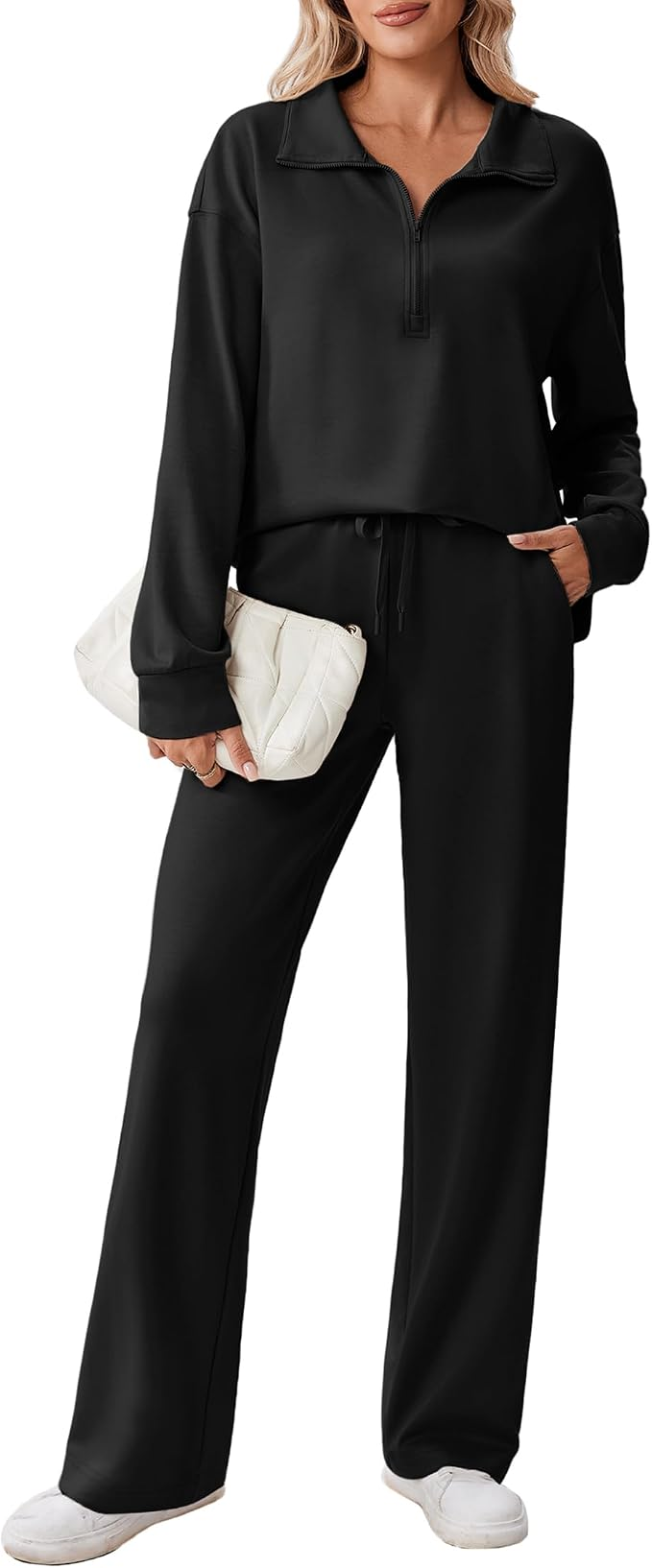2 Piece Sets for Women 1/2 Zip Black, Lightweight Air Layer Fabric, Loose Fit Sweatshirt, Straight Leg Pants with Pockets, Soft Lounge Set