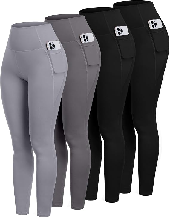 4 pairs of leggings with pockets, staggered 2 pair of black, 1 charcoal and 1 light grey pair